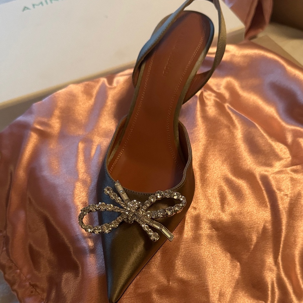 Amina Muaddi Olive Satin Slingback Heels with Rhinestone Bow